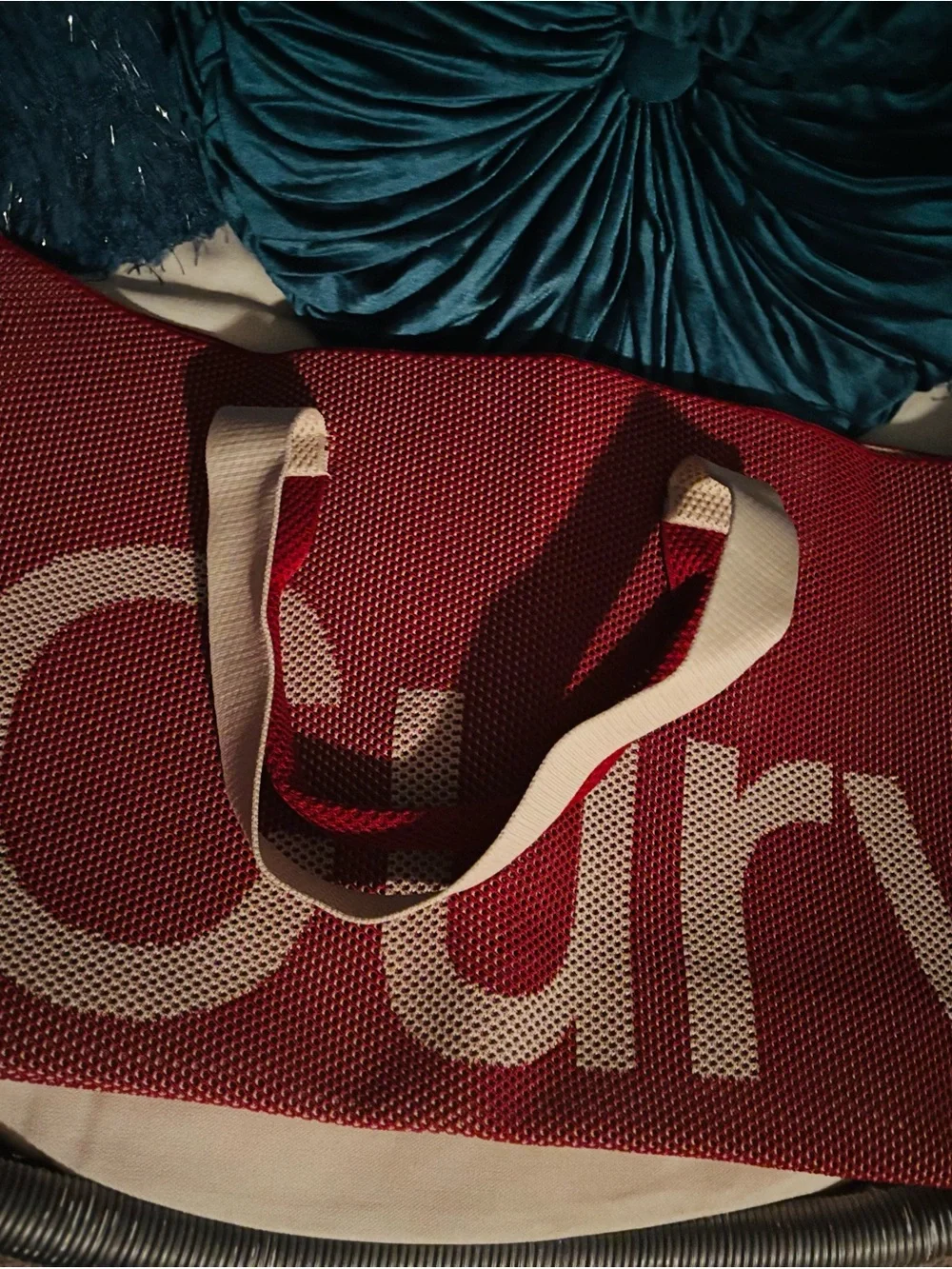 Perforated Knit Tote in Scarlett Red with Cream Handles